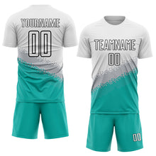 Load image into Gallery viewer, Custom White Gray Aqua-Black Gradient Geometric Shape Sublimation Soccer Uniform Jersey
