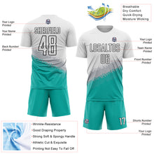 Load image into Gallery viewer, Custom White Gray Aqua-Black Gradient Geometric Shape Sublimation Soccer Uniform Jersey
