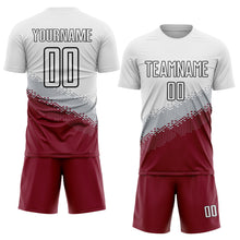 Load image into Gallery viewer, Custom White Gray Crimson-Black Gradient Geometric Shape Sublimation Soccer Uniform Jersey
