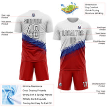Load image into Gallery viewer, Custom White Royal Red-Black Gradient Geometric Shape Sublimation Soccer Uniform Jersey
