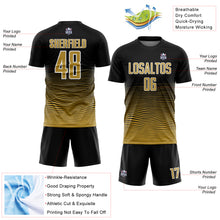 Load image into Gallery viewer, Custom Black Old Gold-White Gradient Line Sublimation Soccer Uniform Jersey

