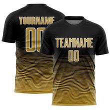 Load image into Gallery viewer, Custom Black Old Gold-White Gradient Line Sublimation Soccer Uniform Jersey
