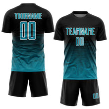 Load image into Gallery viewer, Custom Black Teal-White Gradient Line Sublimation Soccer Uniform Jersey
