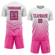 Load image into Gallery viewer, Custom White Pink-Black Gradient Line Sublimation Soccer Uniform Jersey

