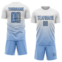 Load image into Gallery viewer, Custom White Light Blue-Black Gradient Line Sublimation Soccer Uniform Jersey

