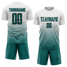 Load image into Gallery viewer, Custom White Teal-Black Gradient Line Sublimation Soccer Uniform Jersey
