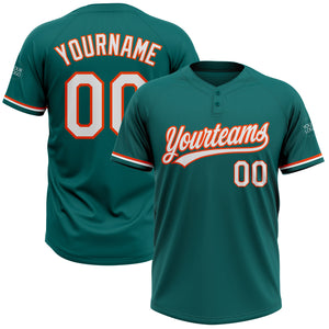 Custom Teal White-Orange Two-Button Unisex Softball Jersey