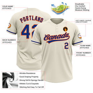 Custom Cream Royal-Orange Two-Button Unisex Softball Jersey