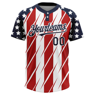 Custom Red Navy-White 3D American Flag Fashion Two-Button Unisex Softball Jersey