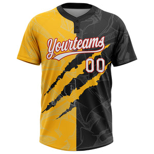 Custom Graffiti Pattern Black Gold-Red 3D Two-Button Unisex Softball Jersey