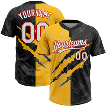 Load image into Gallery viewer, Custom Graffiti Pattern Black Gold-Red 3D Two-Button Unisex Softball Jersey
