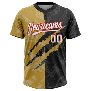 Custom Graffiti Pattern Black Old Gold-Red 3D Two-Button Unisex Softball Jersey