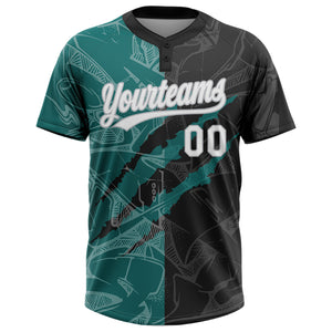 Custom Graffiti Pattern Black Teal-Gray 3D Two-Button Unisex Softball Jersey