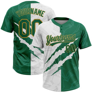 Custom Graffiti Pattern Kelly Green-Old Gold 3D Two-Button Unisex Softball Jersey