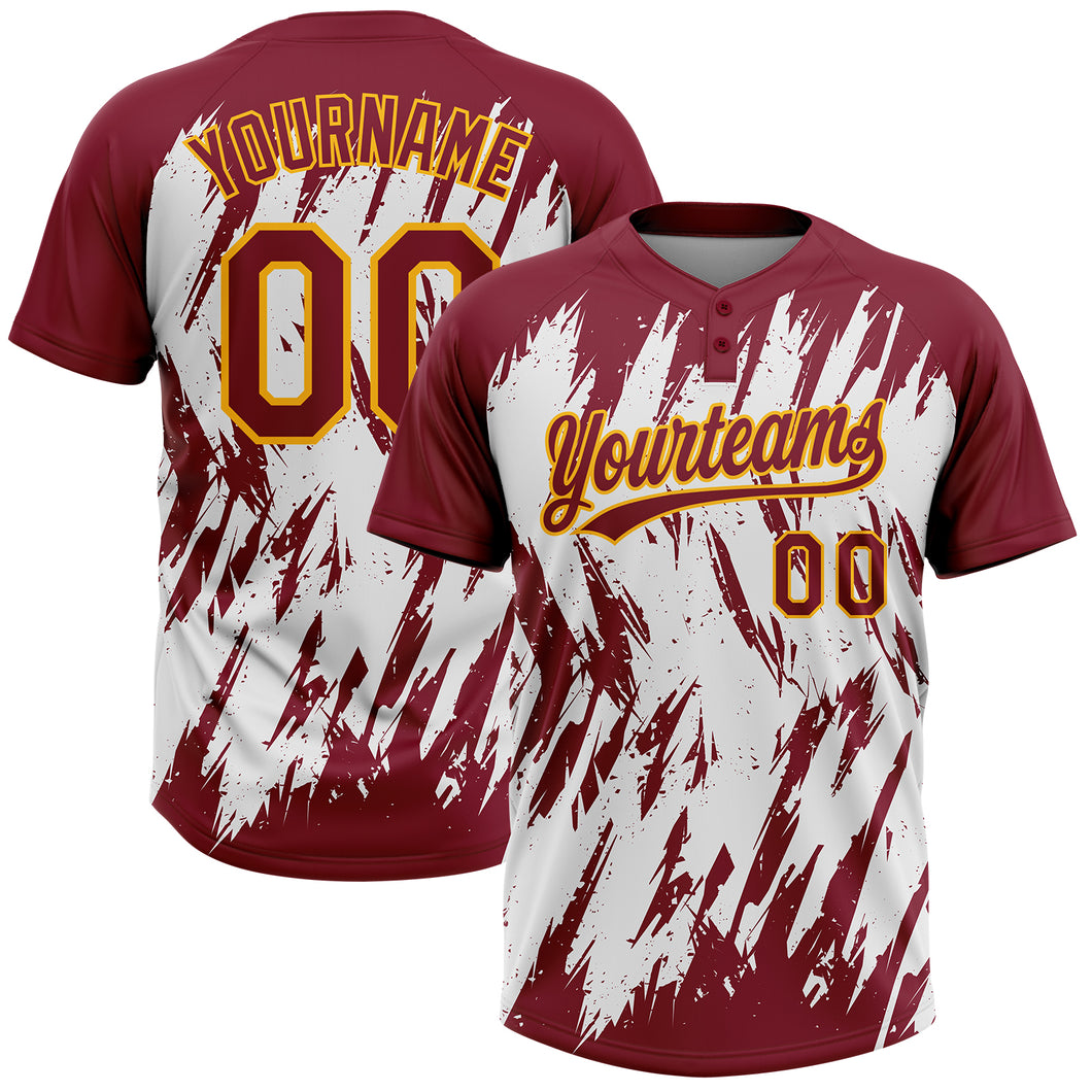 Custom Crimson Gold-White 3D Pattern Abstract Sharp Shape Two-Button Unisex Softball Jersey