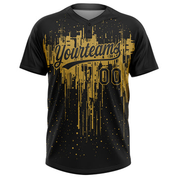 Custom Black Old Gold 3D Pattern Dripping Splatter Art Two-Button Unisex Softball Jersey