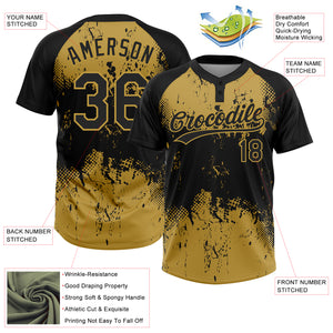 Custom Black Old Gold 3D Pattern Abstract Splatter Grunge Art Two-Button Unisex Softball Jersey