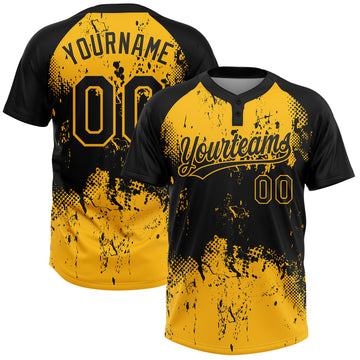 Custom Black Gold 3D Pattern Abstract Splatter Grunge Art Two-Button Unisex Softball Jersey