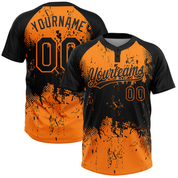 Custom Black Bay Orange 3D Pattern Abstract Splatter Grunge Art Two-Button Unisex Softball Jersey