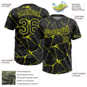 Custom Black Neon Yellow 3D Pattern Abstract Network Two-Button Unisex Softball Jersey