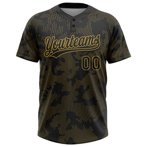 Custom Black Old Gold 3D Pattern Curve Lines Two-Button Unisex Softball Jersey