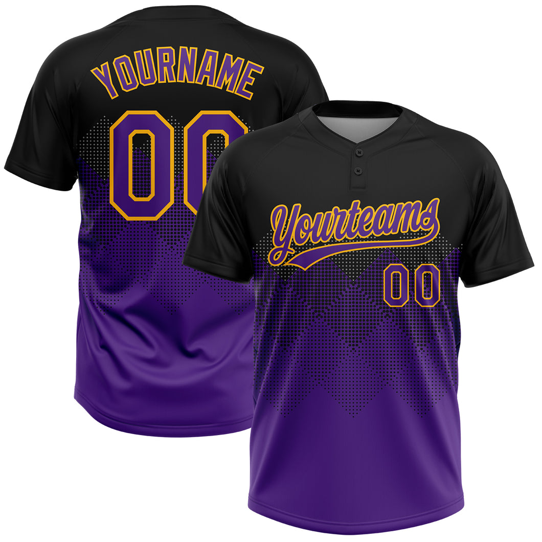 Custom Black Purple-Gold 3D Pattern Gradient Square Shapes Two-Button Unisex Softball Jersey