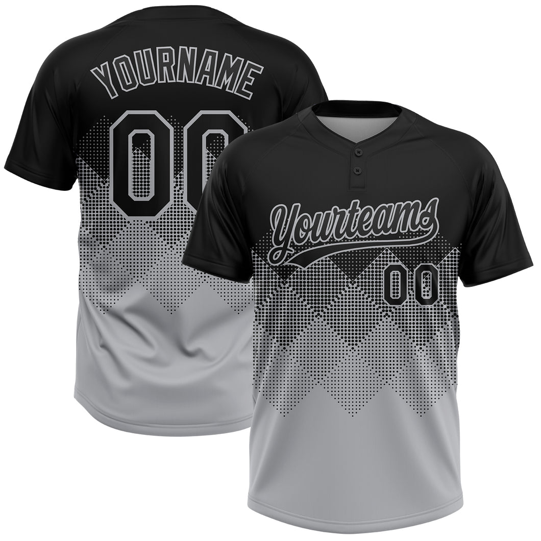 Custom Black Gray 3D Pattern Gradient Square Shapes Two-Button Unisex Softball Jersey