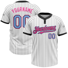 Load image into Gallery viewer, Custom White Black Pinstripe Light Blue-Pink Two-Button Unisex Softball Jersey
