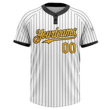 Load image into Gallery viewer, Custom White Black Pinstripe Gold-Black Two-Button Unisex Softball Jersey
