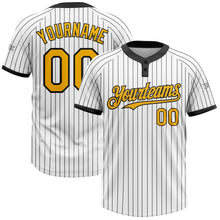 Load image into Gallery viewer, Custom White Black Pinstripe Gold-Black Two-Button Unisex Softball Jersey
