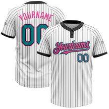 Load image into Gallery viewer, Custom White Black Pinstripe Teal-Pink Two-Button Unisex Softball Jersey
