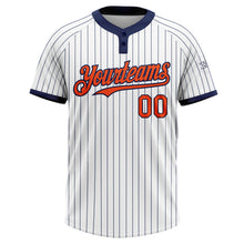 Load image into Gallery viewer, Custom White Navy Pinstripe Orange Two-Button Unisex Softball Jersey
