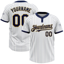 Load image into Gallery viewer, Custom White Navy Pinstripe Old Gold Two-Button Unisex Softball Jersey
