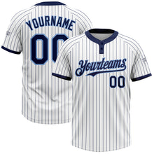 Load image into Gallery viewer, Custom White Navy Pinstripe Light Blue Two-Button Unisex Softball Jersey
