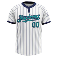 Load image into Gallery viewer, Custom White Navy Pinstripe Teal Two-Button Unisex Softball Jersey
