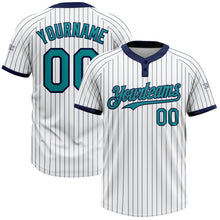 Load image into Gallery viewer, Custom White Navy Pinstripe Teal Two-Button Unisex Softball Jersey
