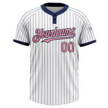 Load image into Gallery viewer, Custom White Navy Pinstripe Medium Pink Two-Button Unisex Softball Jersey
