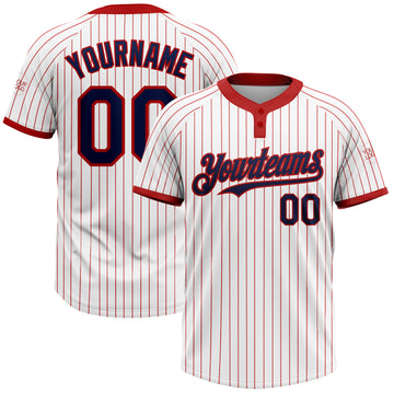 Custom White Red Pinstripe Navy Two-Button Unisex Softball Jersey