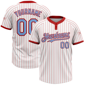 Custom White Red Pinstripe Light Blue Two-Button Unisex Softball Jersey