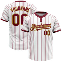 Load image into Gallery viewer, Custom White Crimosn Pinstripe Old Gold Two-Button Unisex Softball Jersey

