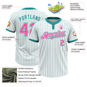 Custom White Teal Pinstripe Pink Two-Button Unisex Softball Jersey