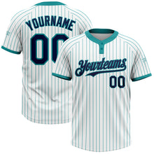 Load image into Gallery viewer, Custom White Teal Pinstripe Navy Two-Button Unisex Softball Jersey
