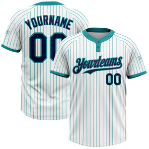 Custom White Teal Pinstripe Navy Two-Button Unisex Softball Jersey