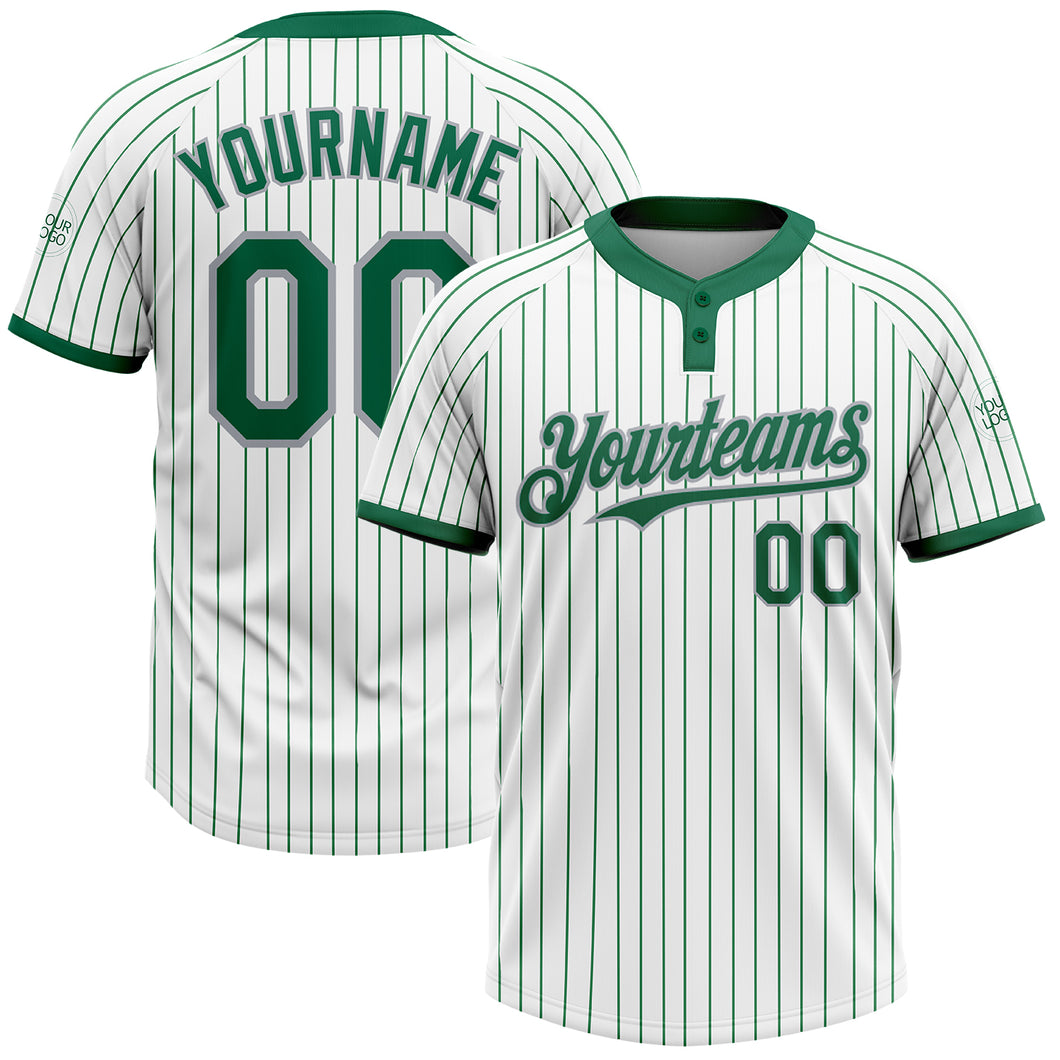 Custom White Kelly Green Pinstripe Gray Two-Button Unisex Softball Jersey