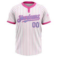 Load image into Gallery viewer, Custom White Pink Pinstripe Light Blue Two-Button Unisex Softball Jersey
