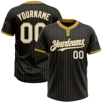 Custom Black Old Gold Pinstripe White Two-Button Unisex Softball Jersey