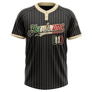 Custom Black Cream Pinstripe Vintage Mexican Flag Two-Button Unisex Softball Jersey