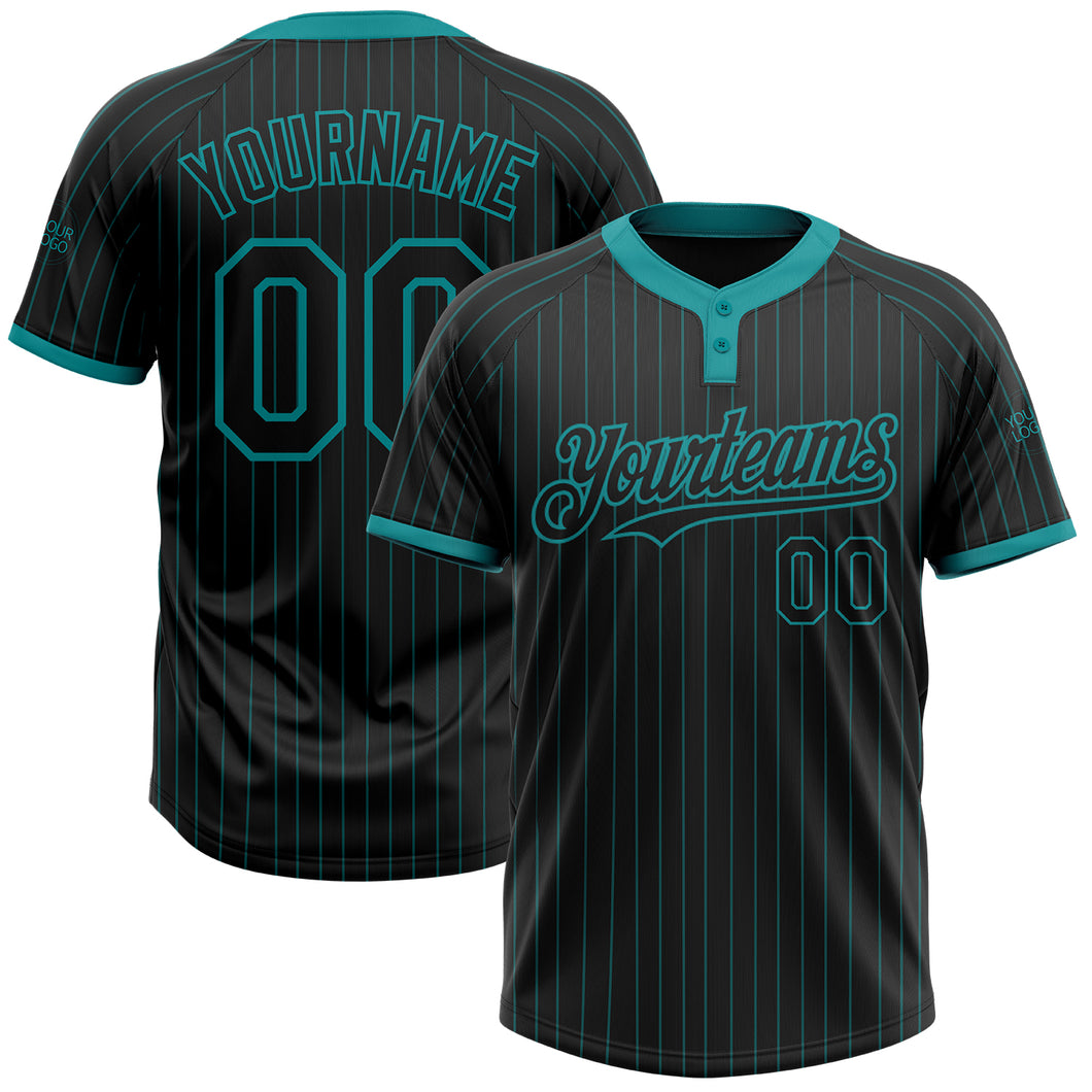 Custom Black Teal Pinstripe Teal Two-Button Unisex Softball Jersey