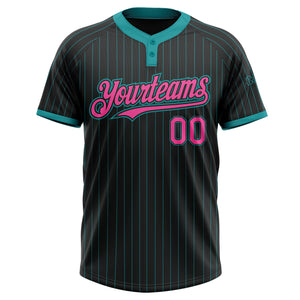 Custom Black Teal Pinstripe Pink Two-Button Unisex Softball Jersey