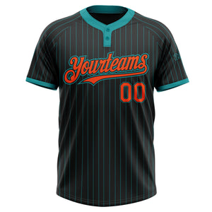 Custom Black Teal Pinstripe Orange Two-Button Unisex Softball Jersey